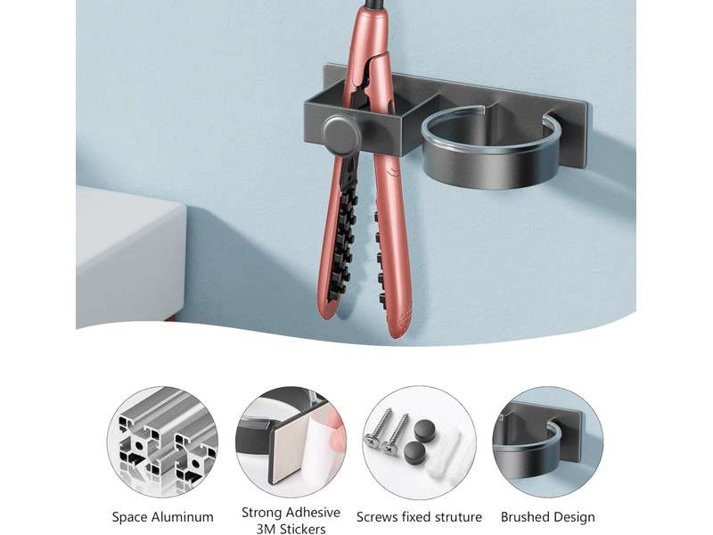 Support pour sèche-cheveux, sans perçage, convient pour salle de bain, chambre, hôtel, gris bronze  - Conforama B