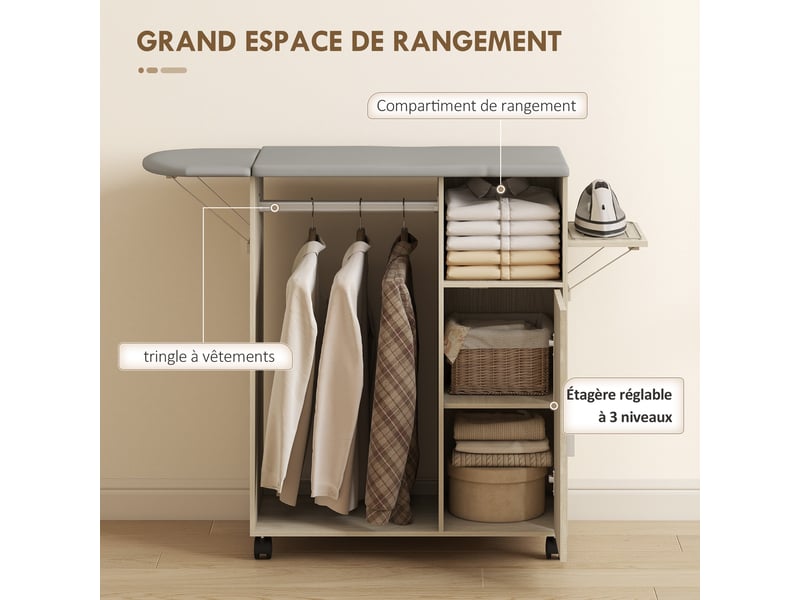  Armoire à repasser sur roulettes, table à repasser pliante, étagère réglable, barre de suspension, 127x42,5x99cm naturel  - Conforama R