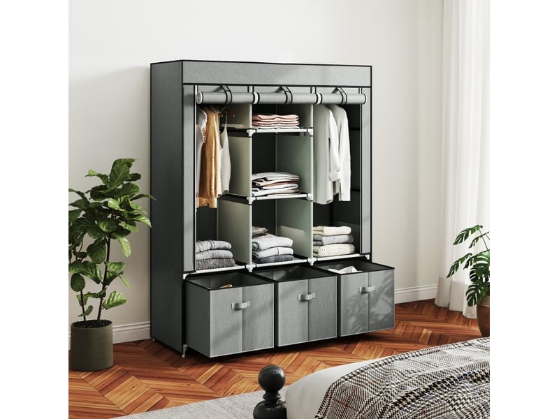  Armoire en tissu avec 2 penderies, 5 étagères et 3 tiroirs, fermeture zippée, gris clair, 125 × 43 × 162,5 cm  - Conforama B