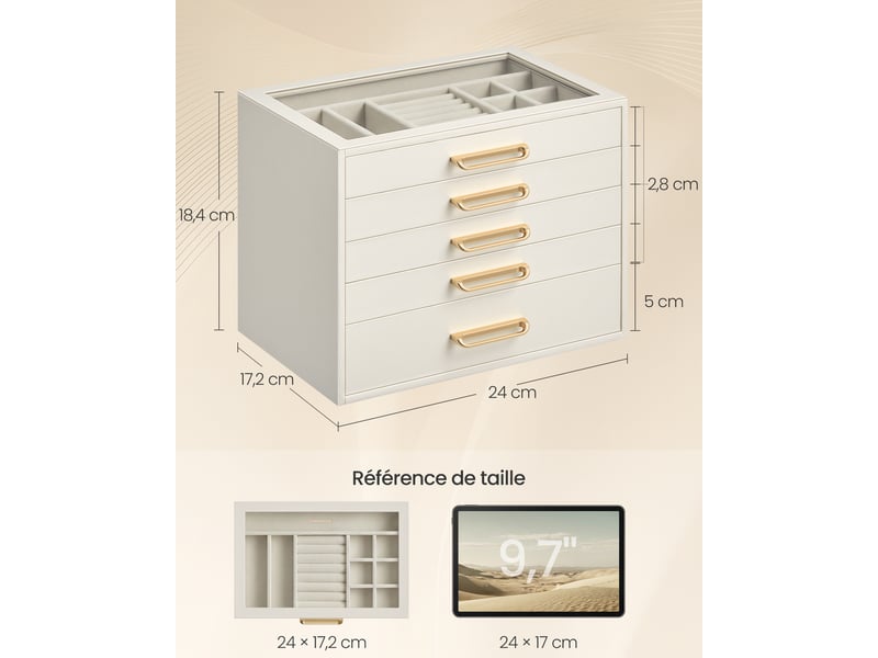 Grande boîte à bijoux femme avec 5 tiroirs et couvercle en verre, coffret cadeau, 24 x 17,2 x 18,4 cm, blanc - Conforama D