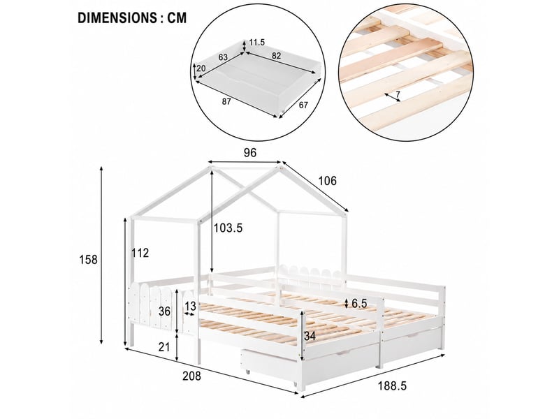  Lit enfant 90x200 cm - cabane avec toit et fenêtres, 2 tiroirs sur roulettes, cadre en pin blanc - sans matelas  - Conforama C