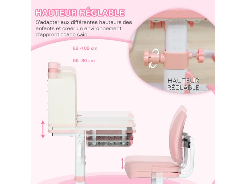  Ensemble bureau et chaise pour enfants hauteur réglable et plateau inclinable 0-60° table 80 x 52 x 88-109 cm rose  - Conforama E