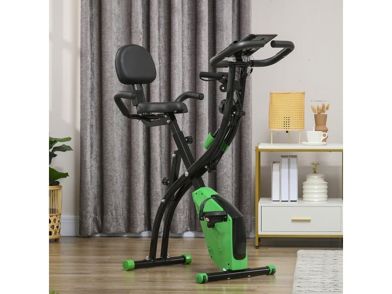  Vélo pliable 2 en 1, 8 résistances, silencieux, cardio, brassards, écran lcd, volant 2,5 kg, vert.  - Conforama C