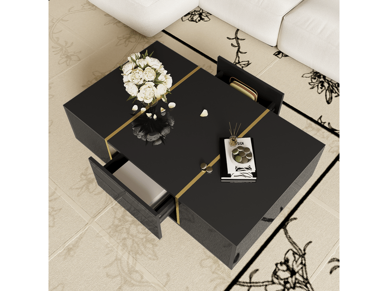  Table basse 100x60x41.5cm, table salon avec 2 tiroirs de rangement, pied en métal, meuble salon, mdf, brillant noir  - Conforama D