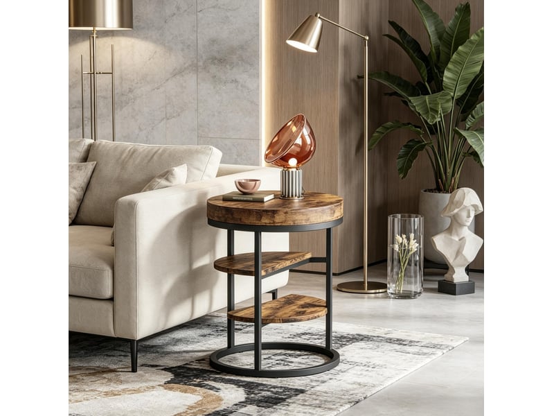  Table d'appoint ronde 50 x 50 x 65 cm à 3 niveaux en métal et bois marron rustique chicfurn  - Conforama B