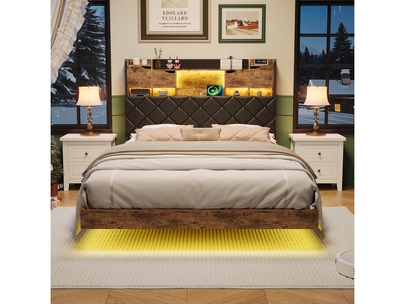  Lit 160x200 cm - lit double 160x200 - cadre suspendu avec led, tête de lit rangement, prises usb - marron &amp; noir  - Conforama C