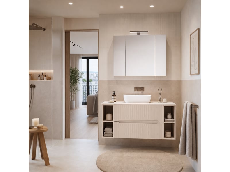  Meuble sous vasque suspendu avec 2 étagères et plan 2t novo l.120 cm cachemire mat  - Conforama B