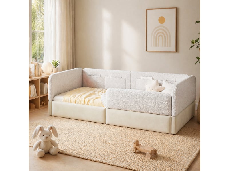  Lit simple 90x200 cm avec barrières de sécurité et 4 poches de rangement en mdf, pu et velours blanc  - Conforama C