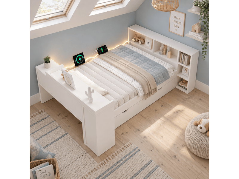  Lit gigogne 90x200 avec second couchage 90x190, 10 niches, tablette coulissante, led, 2 prises eu, usbusb-c, blanc Morn Vibe - Conforama D