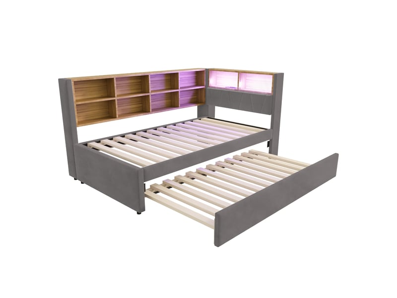  Lit banquette gigogne 90x200 cm en flanelle gris foncé, led, prises et rangements, couchage 90x190 cm  - Conforama E