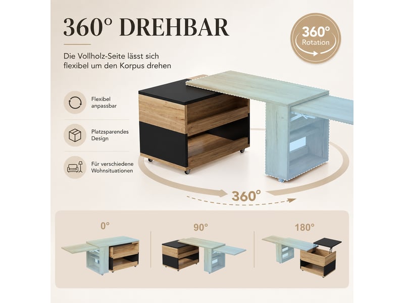 Table basse extensible 161,5 x 46 x 67 cm, plateau relevable, élément latéral pivotant à 360°, rangement, bois d’ingénierie, naturel et noir OMNIGLINT TRADING LTD - Conforama E