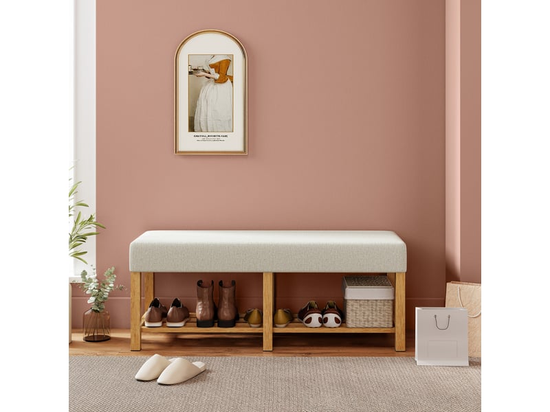  Banc à chaussures, banc de rangement avec siège rembourré, étagère ouverte, bois d'hévéa, bois naturel, 120x44x48cm  - Conforama W