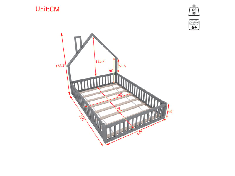 Lit enfant 140 x 200 cm en forme de maison avec cheminée, sommier à 8 lattes, gris - Conforama C