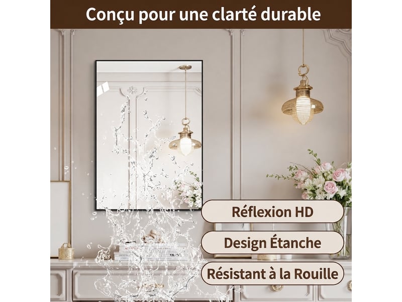  Miroir de salle de bain 60x80 cm cadre en aluminium noir hd  - Conforama D