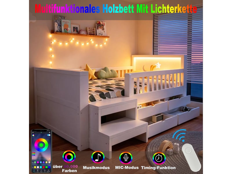 Lit simple enfant 90x200 cm - 4 tiroirs et rangement - tête de lit led avec motifs étoiles et lune - barrières et marchepied - blanc - Conforama D