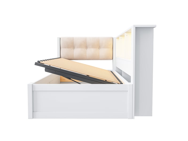  Lit banquette blanc 90 × 200 cm en pin, rangement hydraulique, led dimmable, usb  - Conforama E