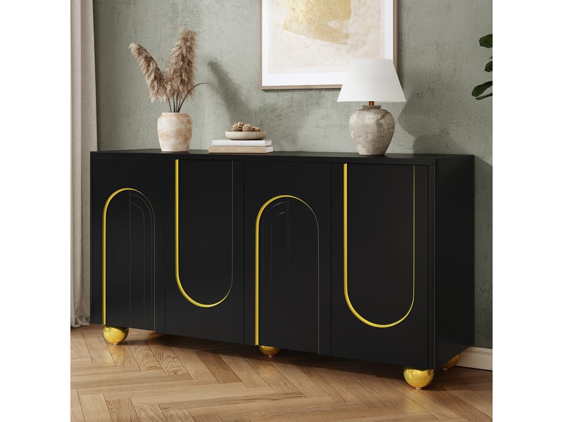  Buffet noir 4 portes meuble rangement salle à manger mdf étagères fixes pièces métal 140x40x74 cm  - Conforama D