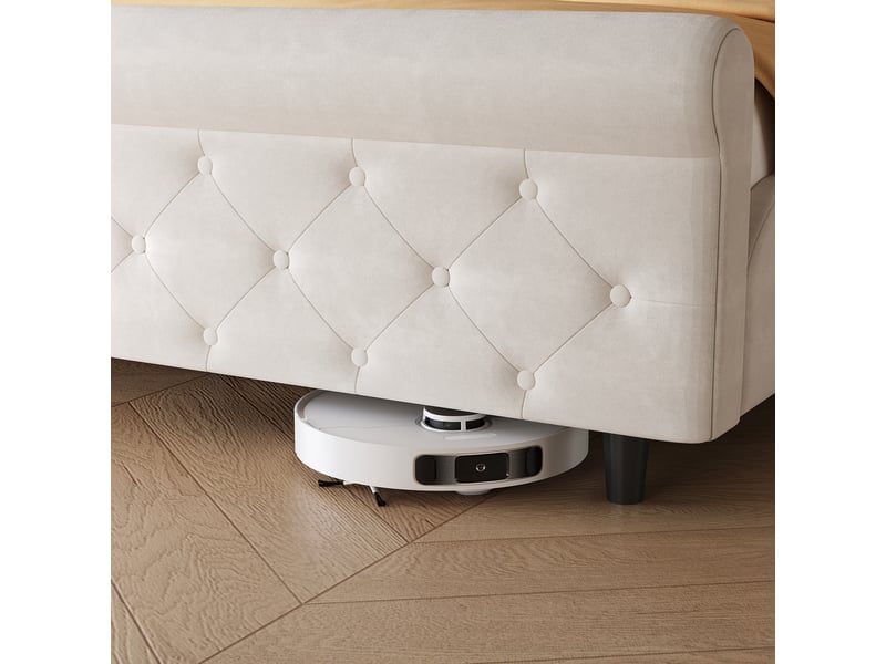 Lit traîneau capitonné 140x200 cm - tissu velours beige - tête et pied de lit avec boutons - style européen élégant  - Conforama E