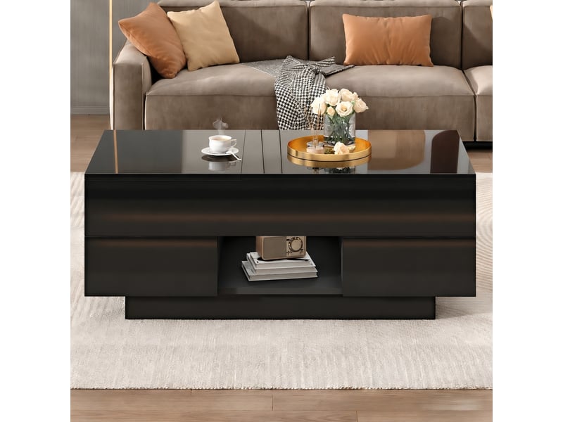 Table basse relevable avec 2 tiroirs, rangement caché et led, 100 x 45 x 43 cm, noir brillant - Conforama C