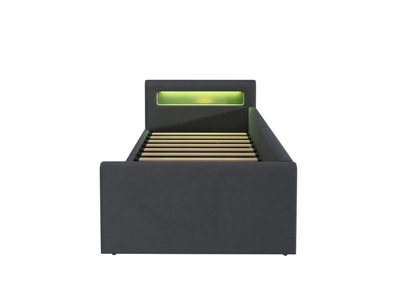  Lit enfant 90x200 cm gris foncé velours avec led lumière nuit port usb rangement hydraulique sommier lattes Sol Morn - Conforama A
