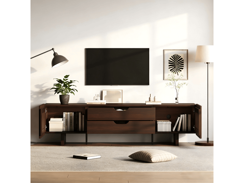  Meuble tv noyer 180 cm pour écran 75 pouces avec 2 tiroirs et portes persiennes  - Conforama B