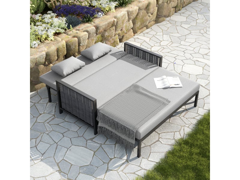 Fauteuil de jardin 2 places convertible en bain de soleil, dossier réglable 5 positions, gris - Conforama D