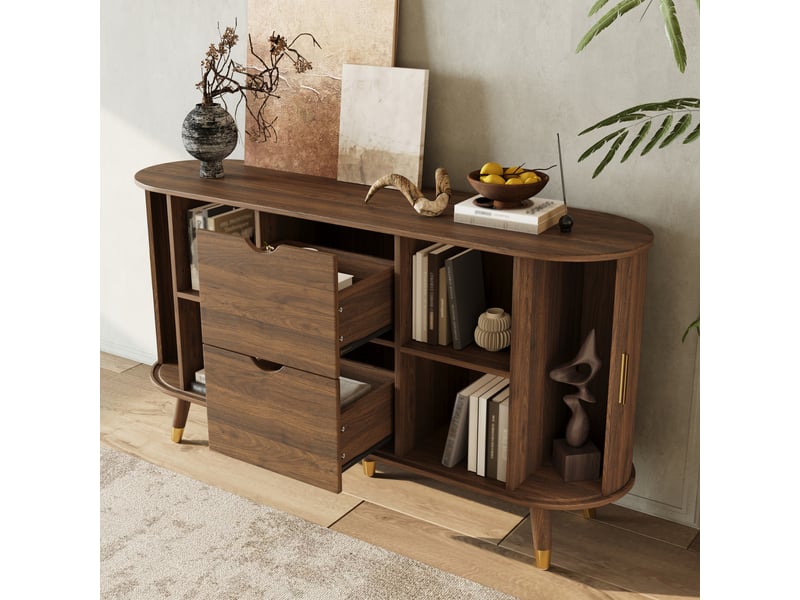  Buffet - 140x40x79.5cm - meuble de rangement bahut ovale avec portes coulissantes à lattes, 2 tiroirs &amp; pieds bois - noyer foncée  - Conforama C