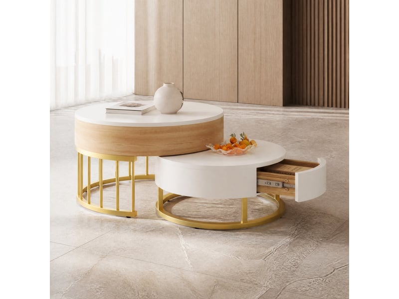  Tables basses gigognes rondes 70x70x56+60x60x27 cm, plateau relevable, mdf blanc  - Conforama D