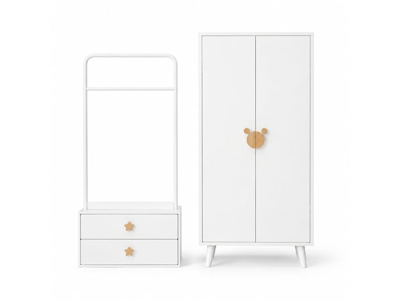  Armoire enfant modenvie 140 x 55 x 170 cm blanche avec penderie, 2 tiroirs et portes doubles  - Conforama A