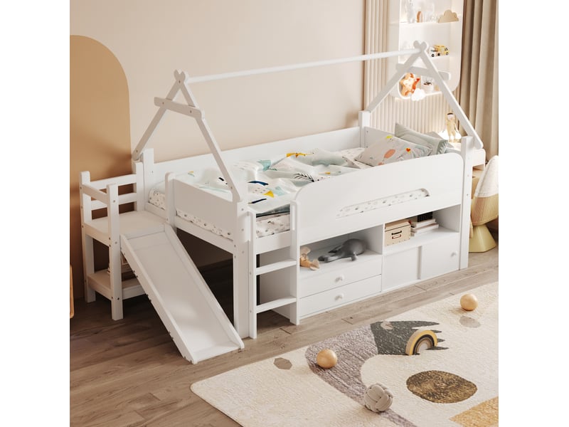  Lit mezzanine enfant 90×200 cm avec toboggan, rangements et espace de jeu, bois, blanc, sans matelas  - Conforama B