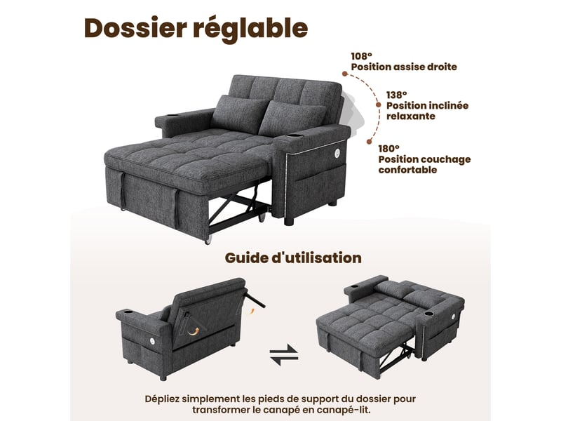 Canapé droit convertible 2 places gris en chenille, led, usbtype-c, dossier 3 positions et 2 coussins Fay Lum - Conforama E