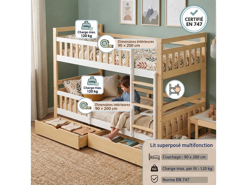 Lit superposé enfant 90 x 200 cm séparable en 2 lits simples, avec échelle, barrières et 2 tiroirs, blanc et naturel - Conforama B