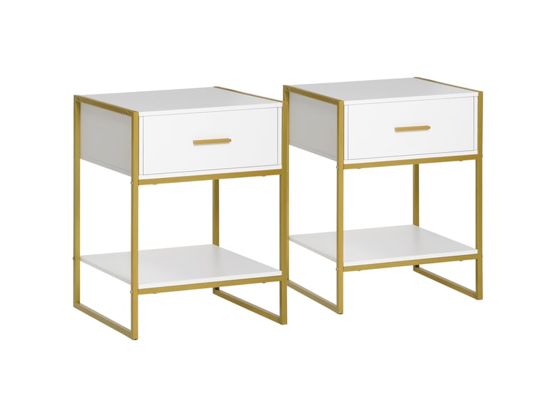  Ensemble de 2 tables de chevet modernes avec tiroir et étagère ouverte, en mdf et acier, 45 x 40 x 60 cm, blanc et or  - Conforama A