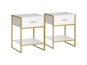 Ensemble de 2 tables de chevet modernes avec tiroir et étagère ouverte, en mdf et acier, 45 x 40 x 60 cm, blanc et or