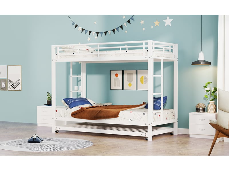  Lit superposé 90x200 cm blanc métal avec lit gigogne et garde-corps haut conforme en747 pour enfant Sol Morn - Conforama B