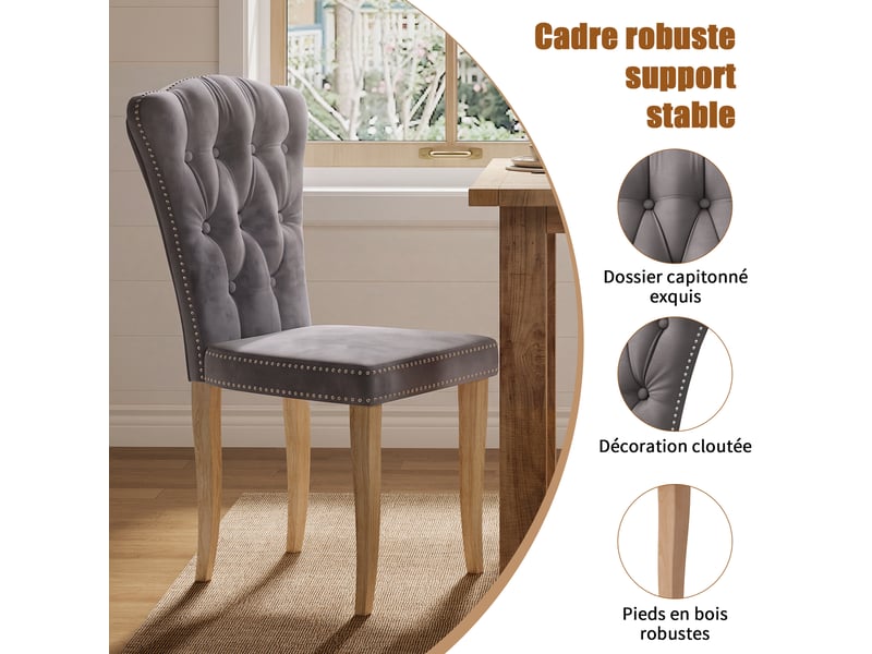  Lot de 2 chaises salle à manger,chaises de cuisine, dossier clouté,pieds en bois,rembourrée,50x47x99 cm,velours,gris  - Conforama E