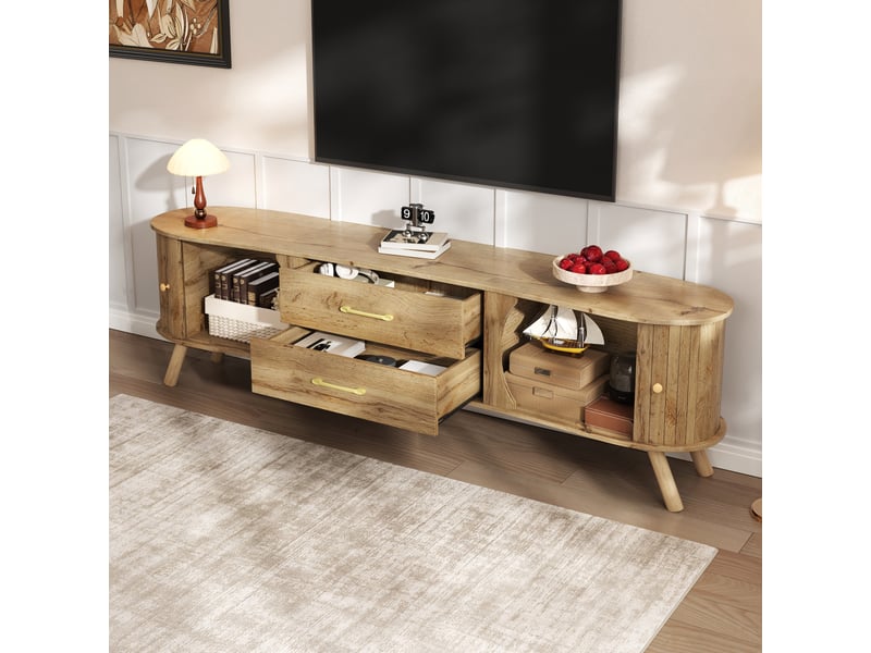  Meuble tv 160 cm style scandinave forme haricot avec 2 portes coulissantes et 2 tiroirs, pieds en bois massif, aspect bois naturel  - Conforama B