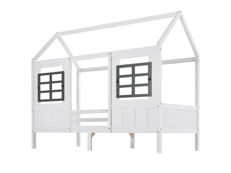  Lit cabane enfant 90x200 cm – blanc – 2 fenêtres grises et 2 tiroirs à roulettes - sans matelas  - Conforama D