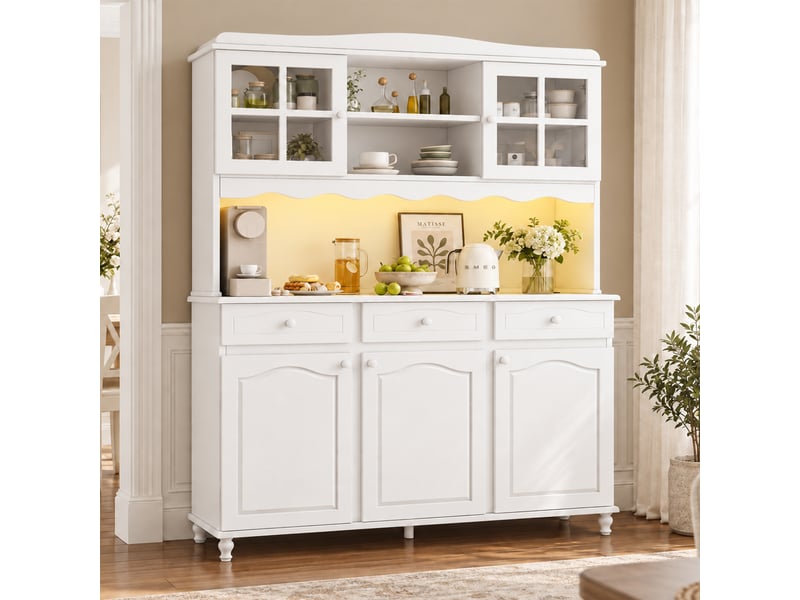 Buffet haut de cuisine 135 x 40 x 185 cm blanc, prises électriques, usb-c, usb-a, led colorée et rangements à étagères réglables, pour cuisine - Conforama C