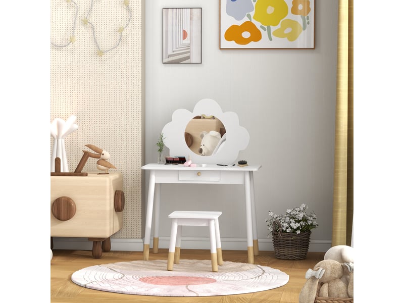  Arkswift, ensemble coiffeuse pour enfant avec tabouret, coiffeuse 2 pièces pour enfants de 3 à 6 ans, miroir forme de nuage, blanc  - Conforama D