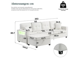 Canapé d'angle modulable 4 places beige avec pouf de rangement, ports usbtype-c et éclairage led, tissu lin respirant
