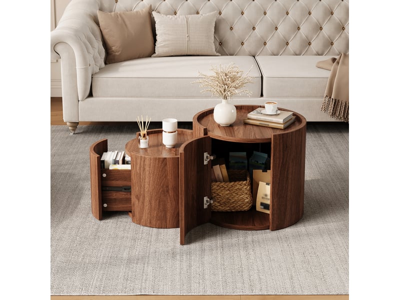  Table basse 77,5 x 47,5 cm noyer, panneau de particules avec tiroirs et rangement à portes courbes  - Conforama B