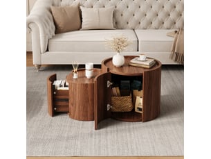 Table basse 77,5 x 47,5 cm noyer, panneau de particules avec tiroirs et rangement à portes courbes
