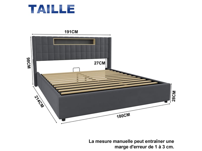  Lit double led avec fonction de charge et coffre de rangement en velours gris foncé 180 × 200 cm  - Conforama E