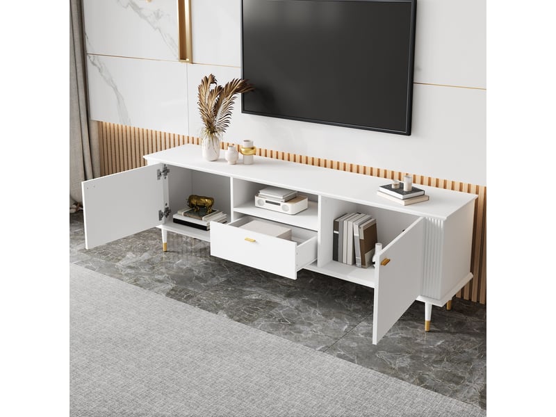  Meuble tv avec 2 portes, 1 tiroir, 1 niche et passe-câbles, fermeture douce, en mdf 170×36×54 cm blanc  - Conforama B