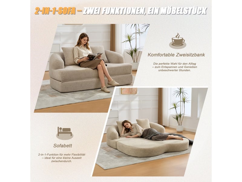  Canapé d'angle 2-en-1, 2 places, avec deux coussins, canapé-lit, 157 x 84 x 65 cm, beige  - Conforama D