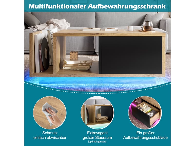  Table basse rectangulaire 99,5x53x38 cm avec led, tiroir et rangement ouvert, bois d'ingénierie, naturel et noir  - Conforama D