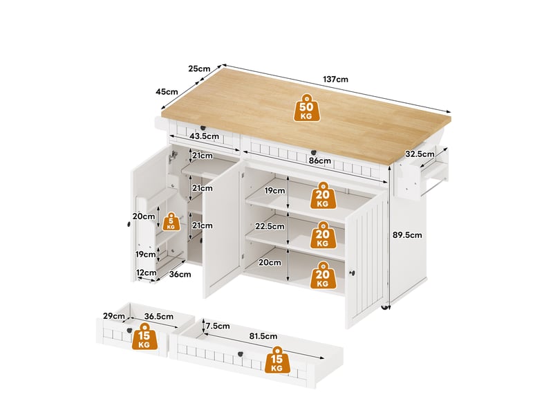  Îlot de cuisine mobile 137x70x89,5 cm blanc et naturel avec plateau rabattable  - Conforama C