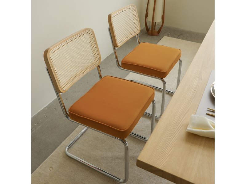  Chaises de salle à manger lot de 4 53.1×44.5×84.1cm, dossier en rotin tissé, cadre chromé, finition orange, style moderne  - Conforama D