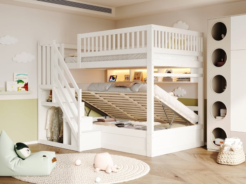  Lit superposé en bois massif, 140 × 200 cm, escalier avec rangement, mécanisme hydraulique, étagère et éclairage led, blanc  - Conforama B